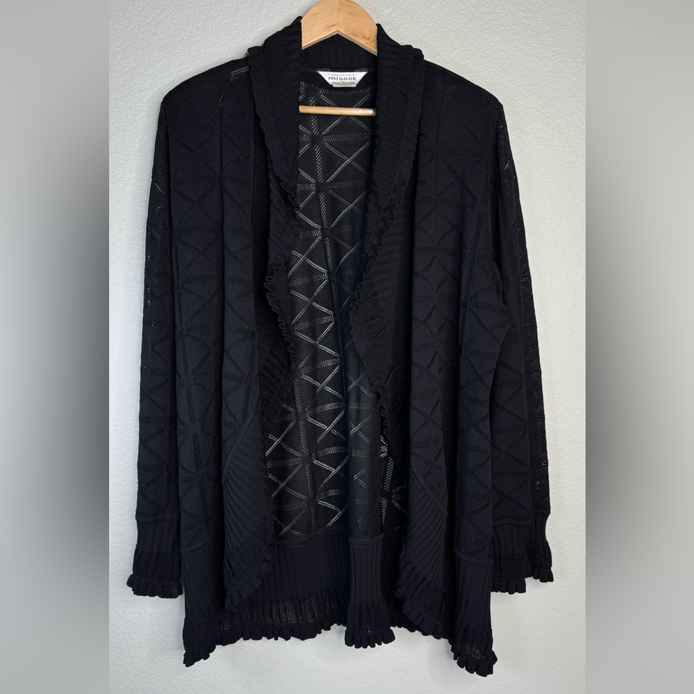 Misook Woman 1X Black Textured‎ Mesh Knit Jacket Ruffle Hem Open Front